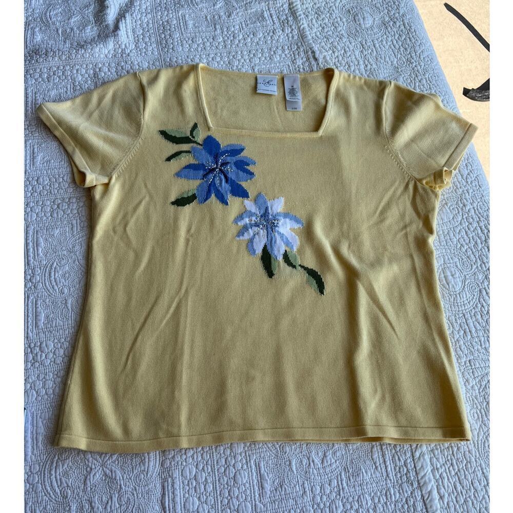 Emma James square neck soft yellow with blue floral sweater, women's size M